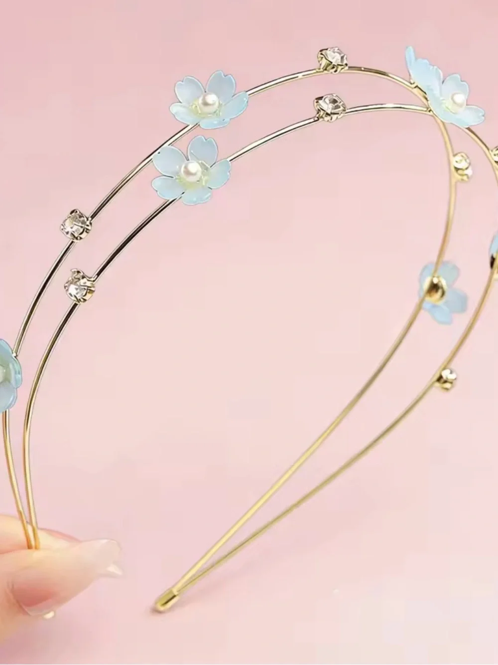Delicate Gold Floral Headband with blue Flowers